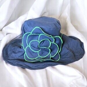 Scala Beach Bucket Hat Navy Blue Green Trim Large Flower and Band Bendable Brim